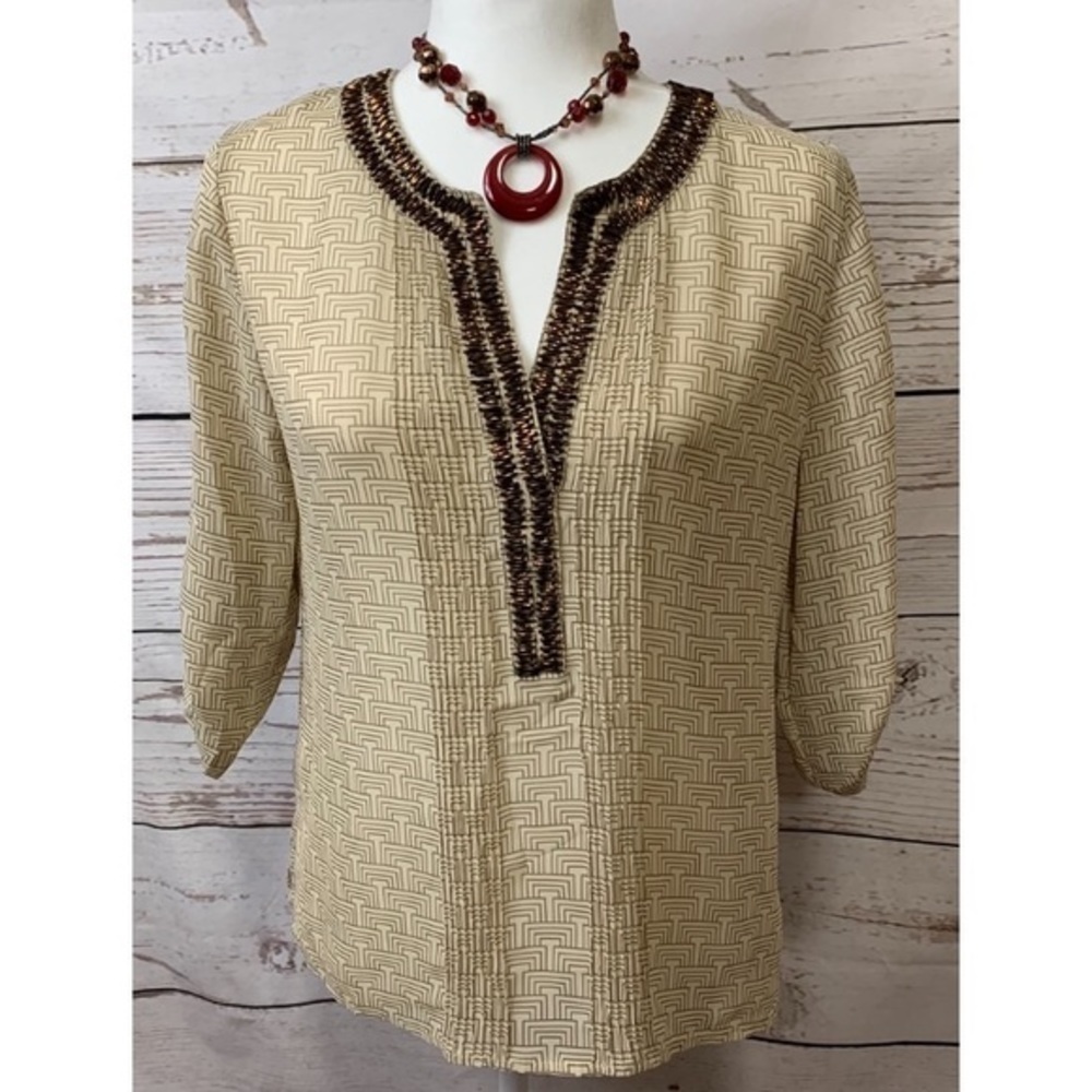 NWOT Chico’s Tan Geometric Brown Beaded Top Small